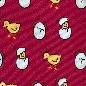 100% REAL  HERMES TIE ~  BRICK RED w WHIMSICAL YELLOW CHICKENS HATCHING EGGS